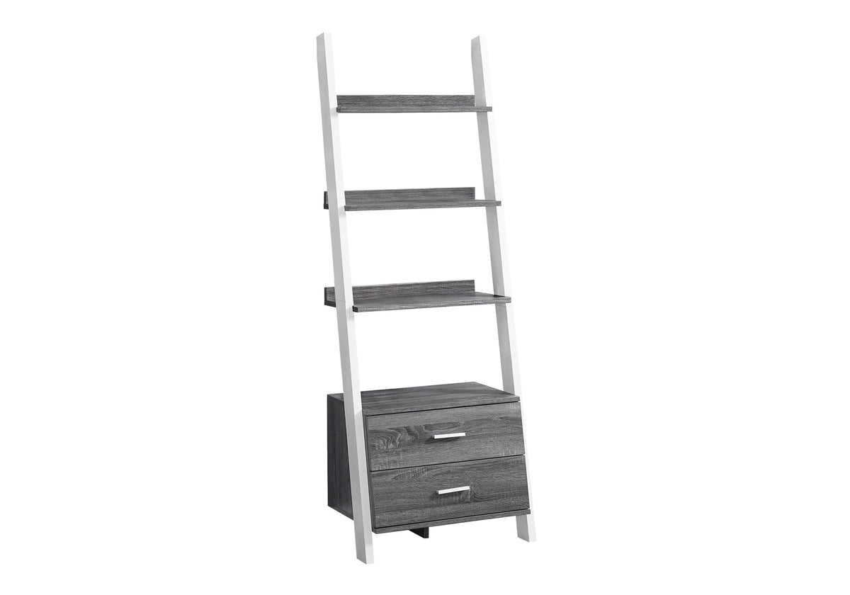 Alder Grey-White Ladder Bookcase with 2 Storage Drawer | Ortholuxe Home - Photo 3