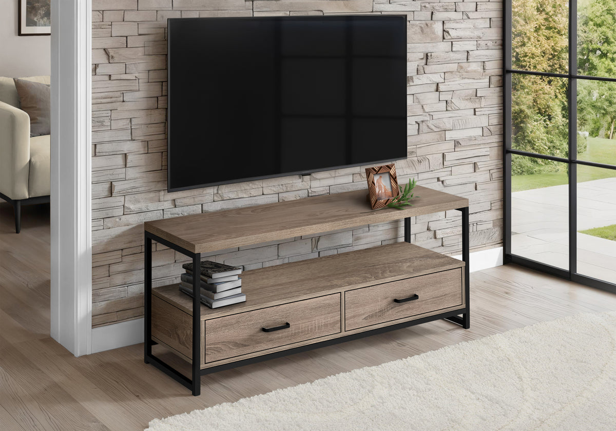Aspen Dark Taupe & Black Metal TV Stand | Ortholuxe Home