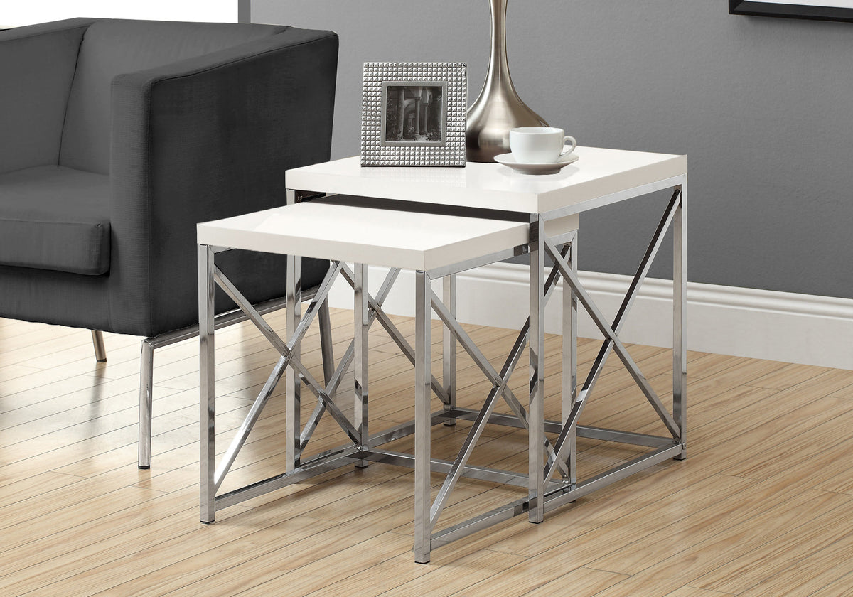 Lotus Glossy White & Chrome Metal Nesting Table (Set of 2) | Ortholuxe Home