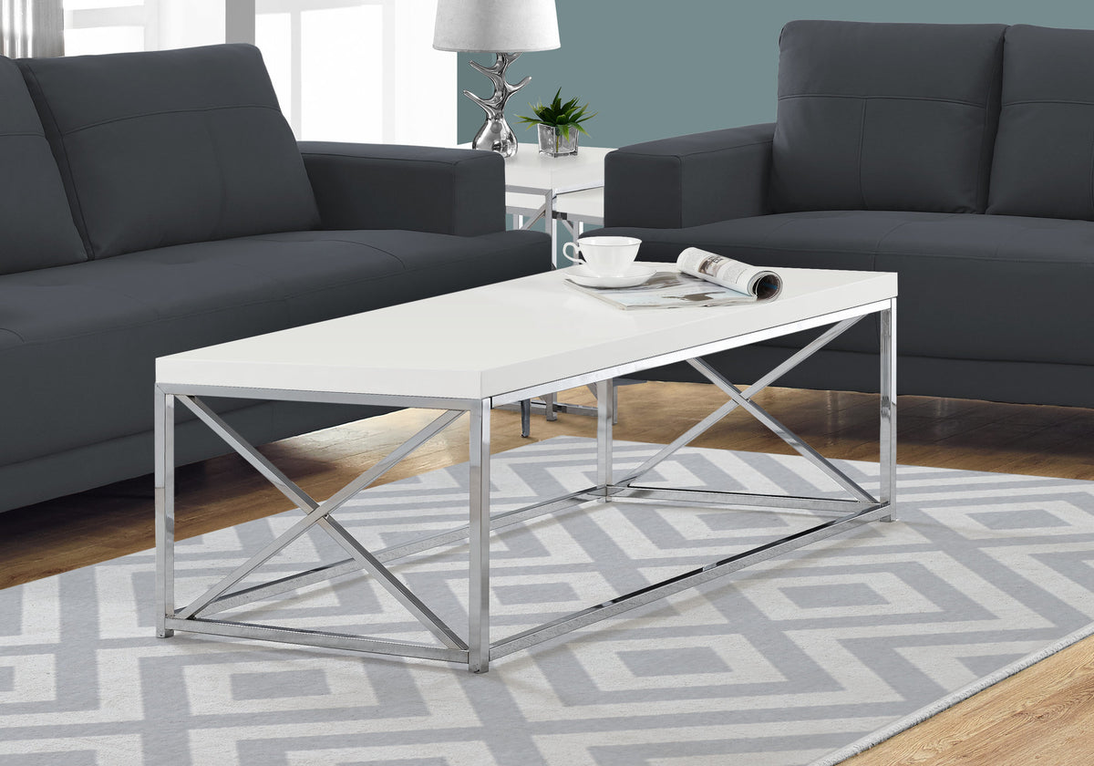 Lotus Glossy White Coffee Table with Chrome Metal | Ortholuxe Home