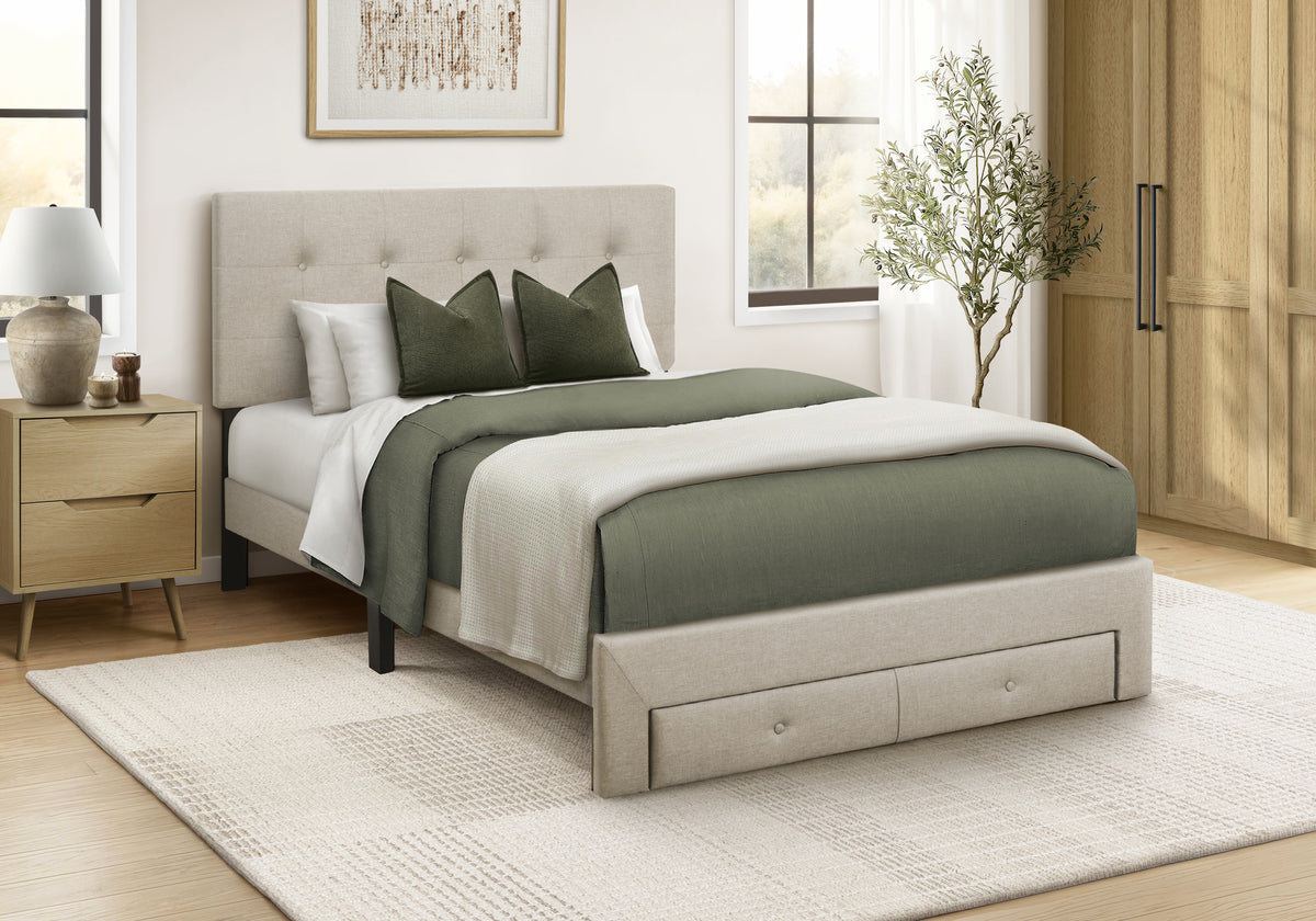Siena Beige Linen Platform Front Storage Drawer Bed | Ortholuxe Home