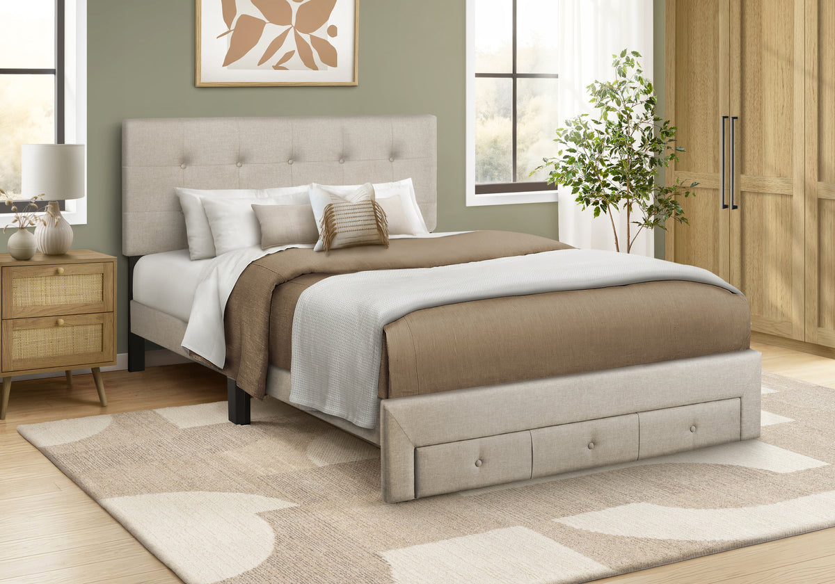 Siena Beige Linen Platform Front Storage Drawer Bed | Ortholuxe Home