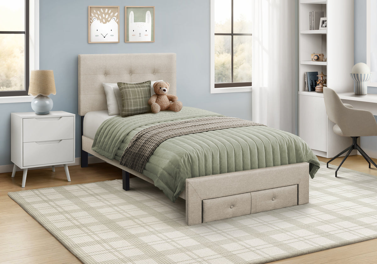 Siena Beige Linen Platform Front Storage Drawer Bed | Ortholuxe Home