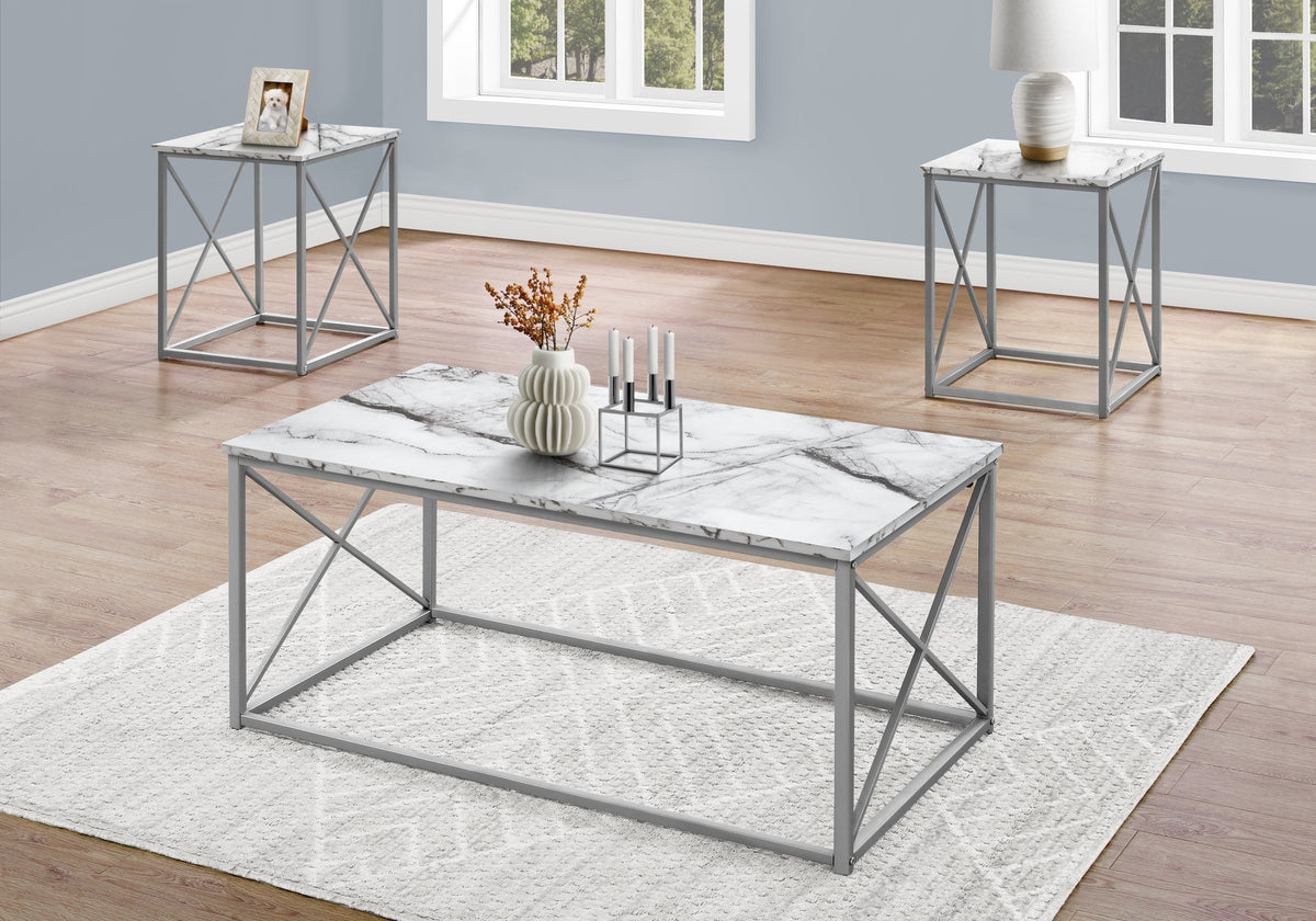 Winslow White Marble & Silver Metal Table Set (Set of 3) | Ortholuxe Home